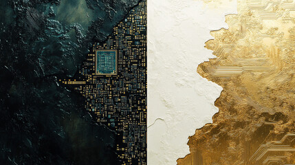 A high-tech, futuristic abstract background featuring gold, white, and silver tones with a glowing digital matrix pattern and computer chip texture, creating a modern, minimalistic, and dynamic atmosp