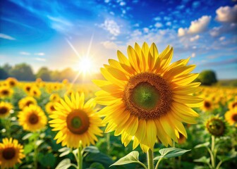Fototapeta premium Sunflowers Bokeh Photography: Vibrant Summer Field, Blue Sky, Shallow Depth of Field