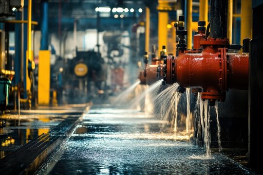 Multiple industrial valves leak water profusely onto factory floor. Depicts industrial accident, water damage, or system failure, ideal for news, insurance, or safety articles.