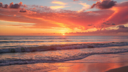 Fototapeta premium Vivid Sunset Over Ocean Waves and Sandy Shoreline with a Dramatic Sky