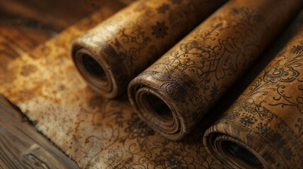 Ancient scrolls with intricate floral designs and patterns, vintage manuscripts with ornamental decorative elements on aged parchment showing detailed calligraphic artistry