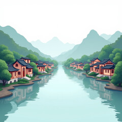 Naklejka premium Serene Asian Village River Landscape - Asian-inspired art