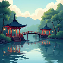 Naklejka premium Serene Japanese Garden, Pagoda Bridge - Zen/Minimalist design