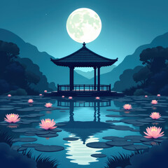 Obraz premium Serene Moonlit Garden Pavilion & Lotus Pond - Dark moody backgrounds
