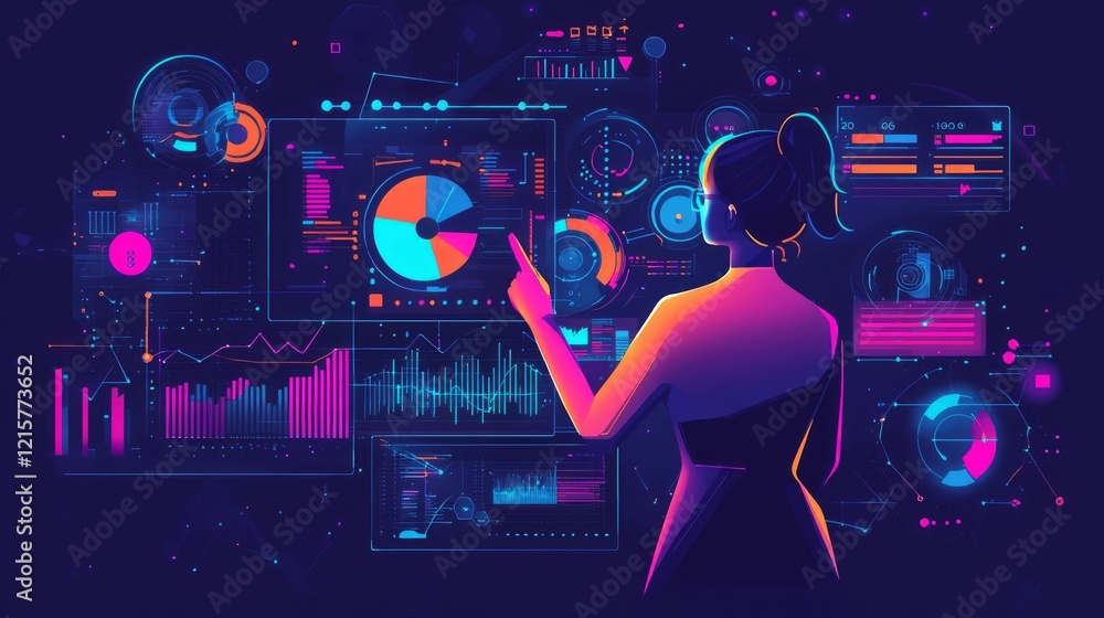 Poster woman analyzing data visualizations on interactive screens