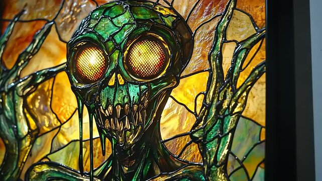 Stained Glass Alien Horror Artwork: A Glowing Green Creature