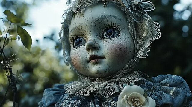 Antique Porcelain Doll in Mysterious Garden