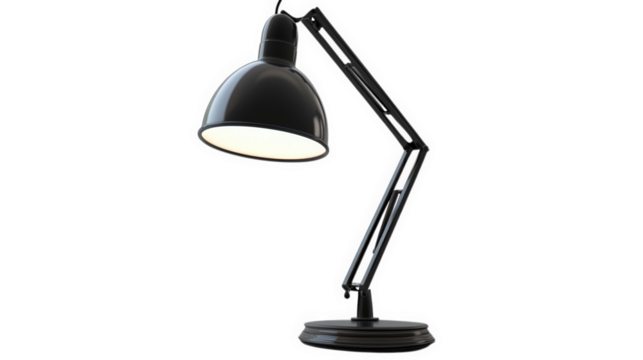 modern black desk lamp with an adjustable arm and a round base the lamp is designed for providing focused lighting. ideal for workspaces or reading areas its sleek design adds a contemporary touch to