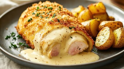 Crispy breaded chicken breast stuffed with creamy sauce, served with roasted potatoes. Perfect for menus, blogs, or recipes showcasing delicious comfort food.