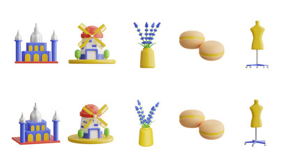 Obraz premium Taj Mahal, Windmill, Lavender Vase, Macarons, and Mannequin. 3D Icon High Quality Render