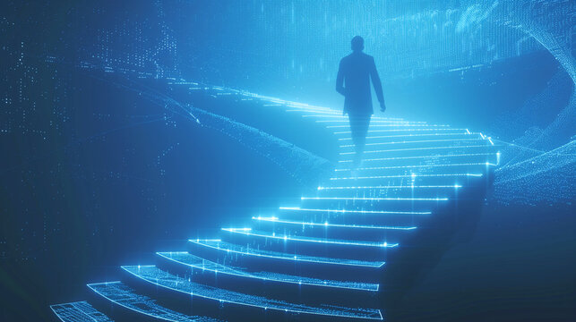 Silhouetted businessman walking up glowing digital staircase in futuristic blue environment, representing success, technological advancement and career progression