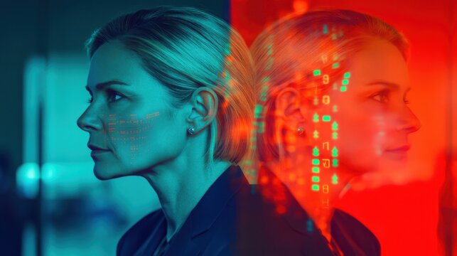 Cyberpunk Woman: Binary Code Overlay on a Profile