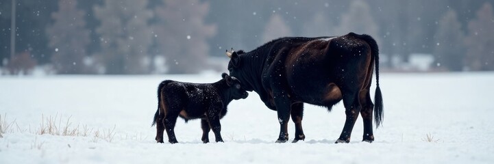 A mother cow nurturing her calf in a snowy winter landscape.