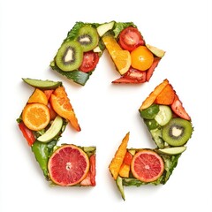 Naklejka premium a recycling symbol made of leftover fruit or vegetable food, on a white background.