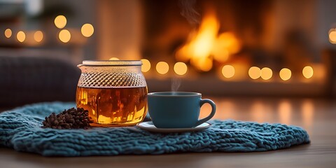 Cup of tea sits on a rug next to a jar of tea