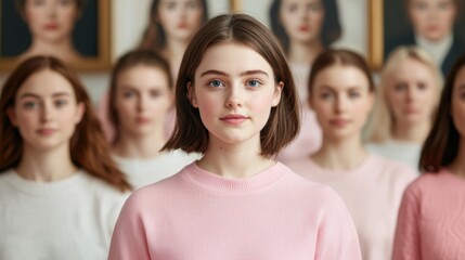 Obraz premium Women’s History Month concept. Captivating Young Woman Amid Gallery Portraits