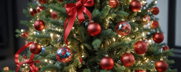 Detailed view of a Christmas tree decorated with red ribbon and colorful glass balls on the branches, holiday decor, red accents, sparkling details