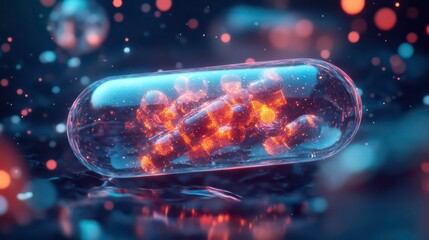 Transparent capsule filled with glowing orange micro particles, dark background.