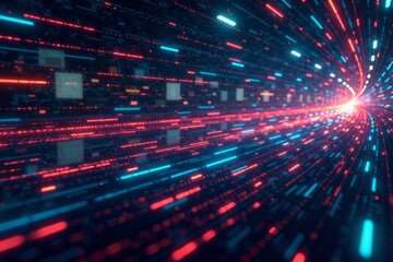 A vibrant digital tunnel showcasing vivid blue and red light trails in motion.