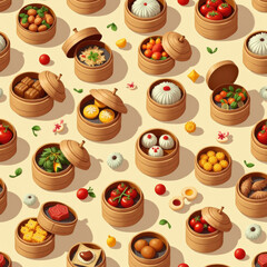 Delicious Dim Sum Seamless Pattern - Isometric Illustration
