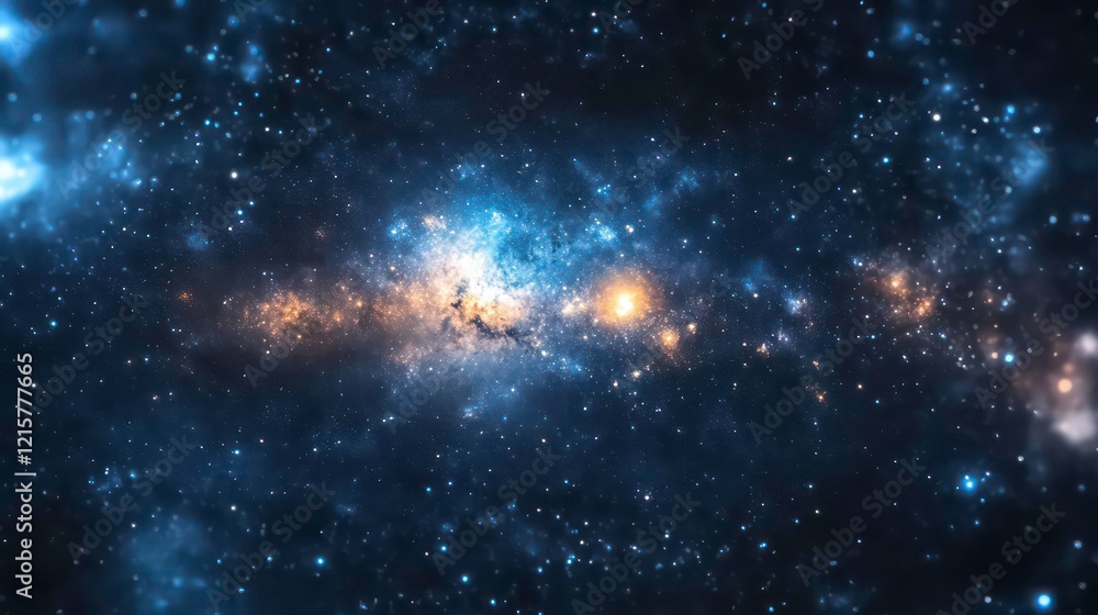 Poster vibrant nebula in deep space with bright stars and cosmic dust clouds.