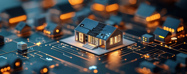 Obraz premium modern smart home model with glowing IoT symbols on circuit board
