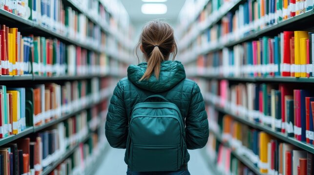 Women’s History Month concept. Young Woman Browsing Bookshelves in a Cozy Academic Library