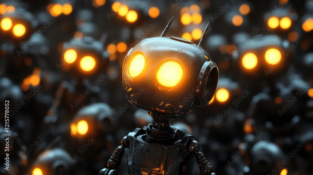 Poster Close-up of a metallic robot with glowing eyes amidst a crowd of similar robots.