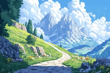 Stone path winds through lush green hills towards majestic snow-capped mountains under a bright, sunny sky. Perfect for travel, adventure, or nature-themed projects needing a scenic backdrop.
