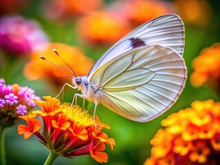 Fototapeta premium White Butterfly Nectar Feeding Flower Photography, Closeup Butterfly on Blossom, Insect Macro, Nature Wildlife Image, Spring Summer Floral