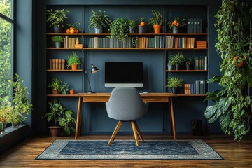 Modern Black Home Office Interior with Grey Armchair and Minimalist Design