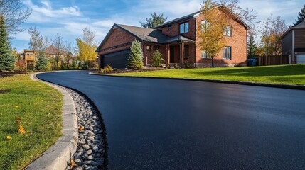 New asphalt driveway curves to a brick house. Ideal for real estate, construction, and home improvement projects.