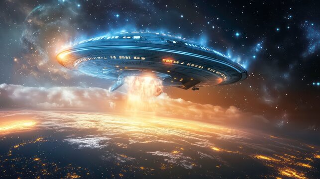 Spaceship descends towards Earth, fiery trail visible, stars and planet in background.