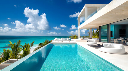 Fototapeta premium A beachfront villa with a pool that blends effortlessly into the natural landscape.