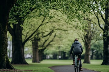 Serene Cycle: Man Cycling through Lush Green Tree-Lined Avenue