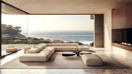 Fototapeta premium Comfortable outdoor lounge overlooking the ocean, ideal for enjoying serene sunset moments.