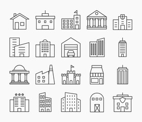 Fototapeta premium Building icon set in simple thin line. Collection of icons related to building, including hotel, police department, hospital, school, garage, bank, tower, factory, museum, store, etc. Editable stroke.