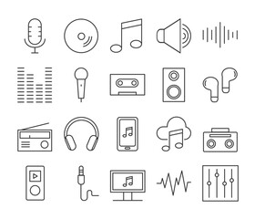 Music icons set in simple thin line. Collection of icons related to audio, including radio, mic, headphone, music cloud, equalizer, Tape Recorder, etc. Outline Icons. Editable stroke. 
