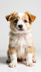 Fototapeta premium Adorable puppy looking curiously, showcasing its fluffy coat and bright eyes.