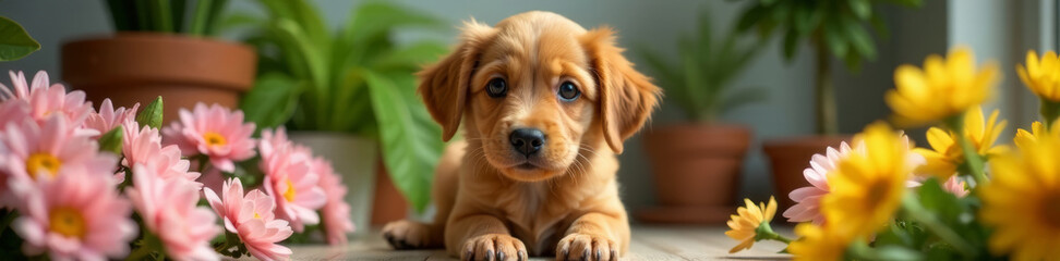 Obraz premium Adorable puppy surrounded by vibrant flowers in a cozy indoor setting.