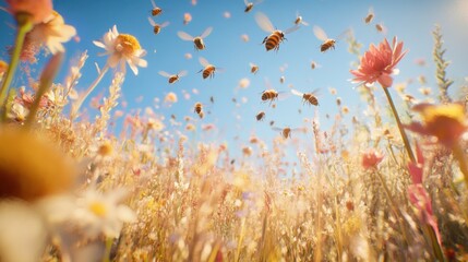 Fototapeta premium Wide angle shot of bees flying over a blooming wildflower meadow under a bright blue sky