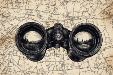 Vintage Binoculars Overlaid on Antique Map Illustrating Exploration, Nature, Adventure, and the Intrigue of Geography in a Unique Artistic Representation