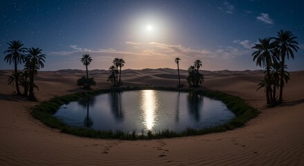 A radiant desert oasis with crystal-clear water and glowing sand under the moonlight