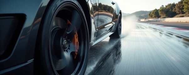 Close-up view of a high-performance car tire in motion on a wet track, showcasing speed.