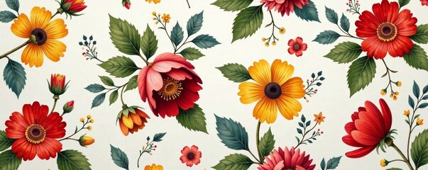 Colorful floral pattern featuring vibrant flowers and lush foliage on a white background.