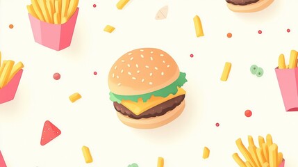 Seamless pattern of cheeseburger, french fries, and assorted food items on white background.