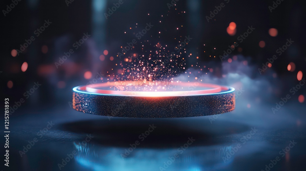 Poster glowing circular platform with particles levitating above a reflective surface.