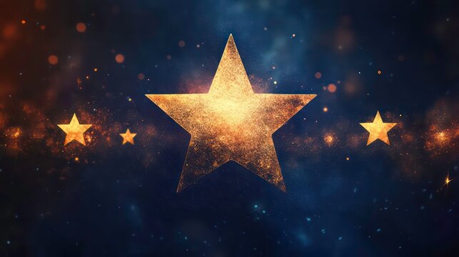 Glowing golden stars on dark background with bokeh effect.
