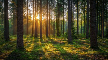 Fototapeta premium Golden Hour in the Forest: A Serene Sunset Scene