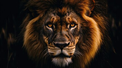 Naklejka premium Majestic lion portrait, dark background, wildlife, Africa, nature, power, strength, advertising